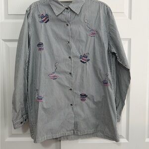 Bobbie Brooks Navy and White Striped Button-Down with Embroidery